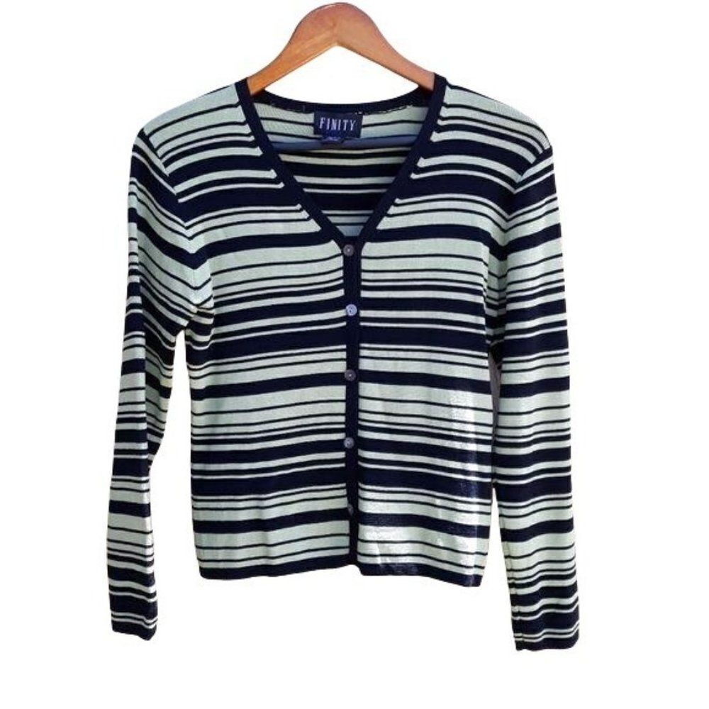 Finity Knit Cardigan Y2K Button Down Striped‎ Lime Green Black Sz L